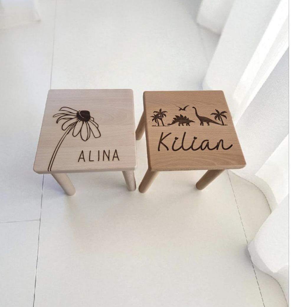 Kinderhocker Dino aus Buche, Kinderstuhl mit Dinosaurier, Geschenkidee