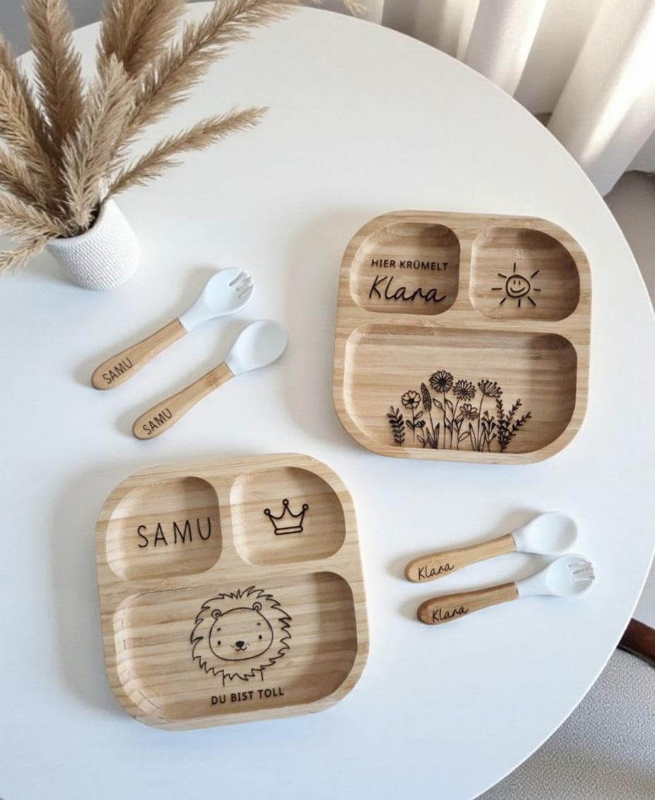 Kinderteller mit Tieren, Bambus Teller mit Besteck und Saugnapf, Geschenk zur Geburt