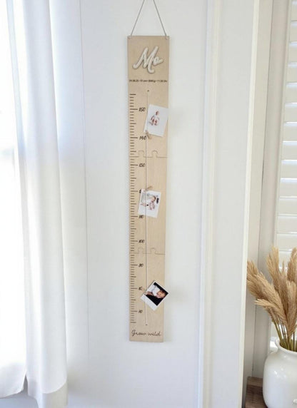 Messlatte 3D Name aus Holz & Acryl, Wachstumsleiste mit Fotohalter und Spruch