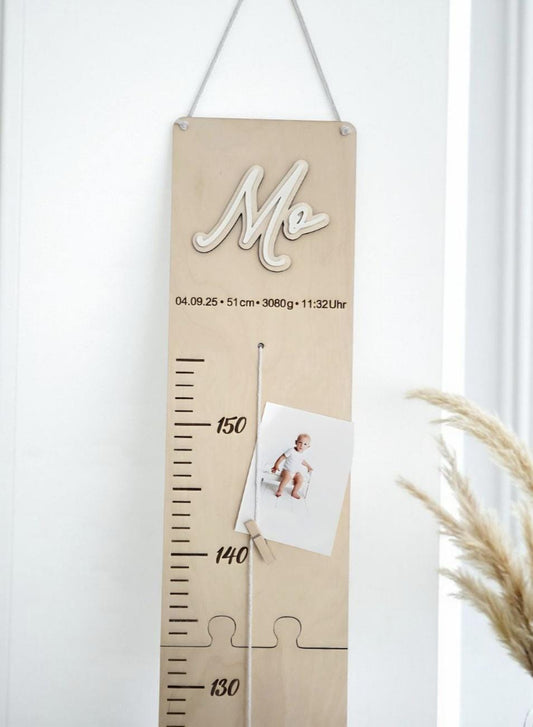 Messlatte 3D Name aus Holz & Acryl, Wachstumsleiste mit Fotohalter und Spruch