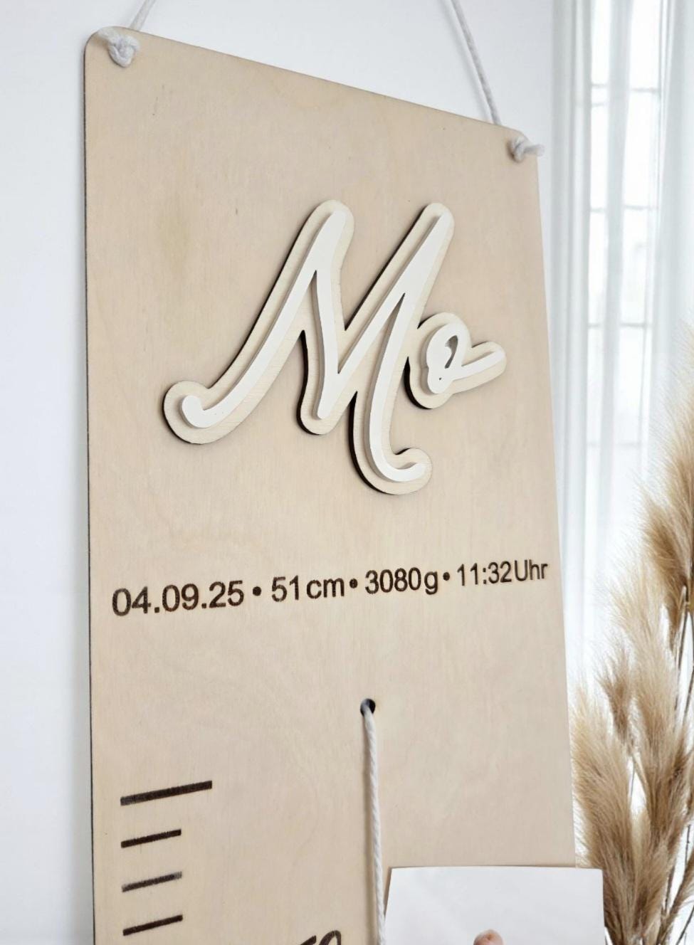 Messlatte 3D Name aus Holz & Acryl, Wachstumsleiste mit Fotohalter und Spruch