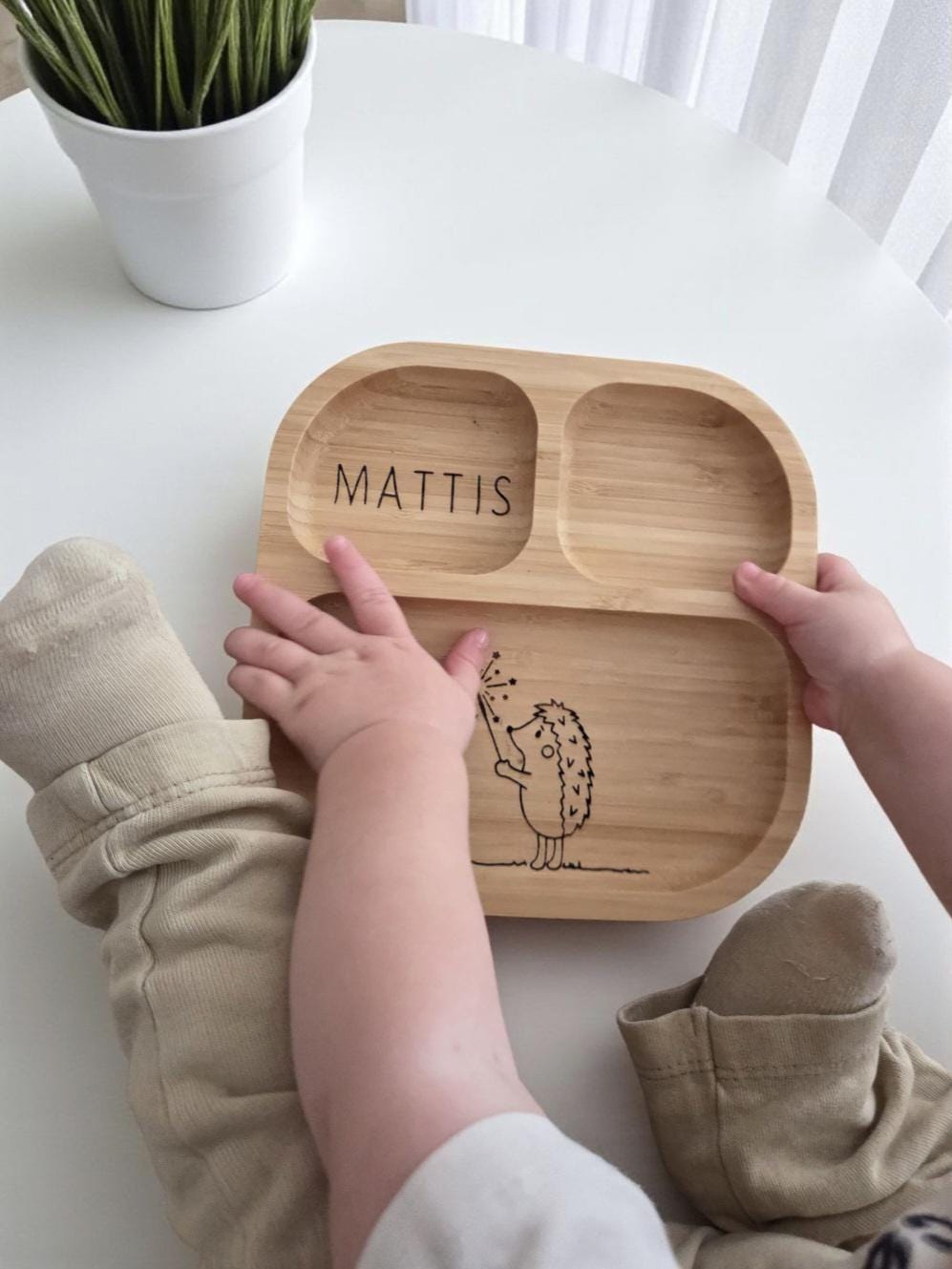 Kinderteller Igel mit Besteck und Saugnapf, Bambus Holz mit Tier Motiven