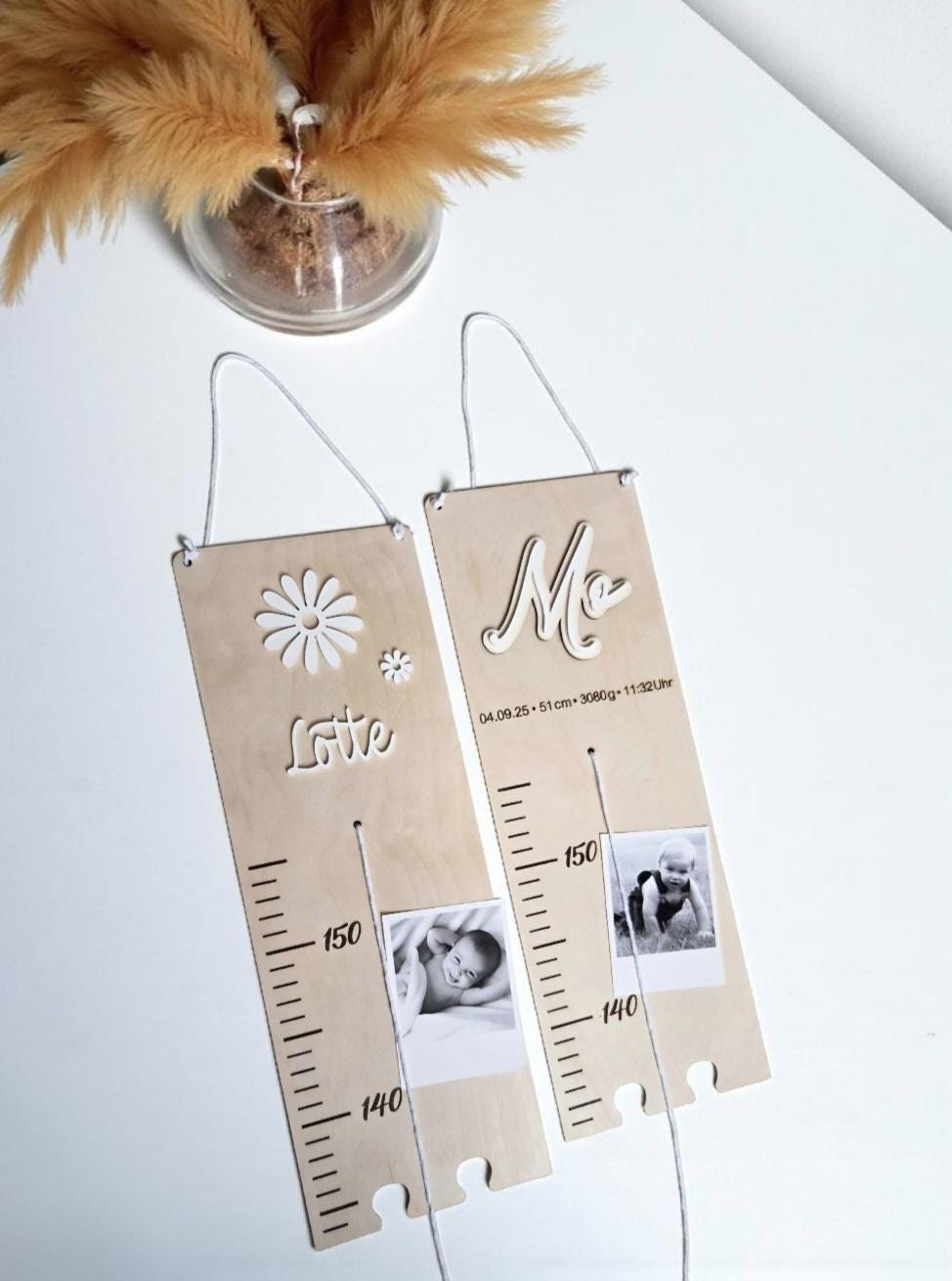 Messlatte Name mit Acryl Gänseblümchen, Wachstumsleiste mit Spruch und Fotohalter