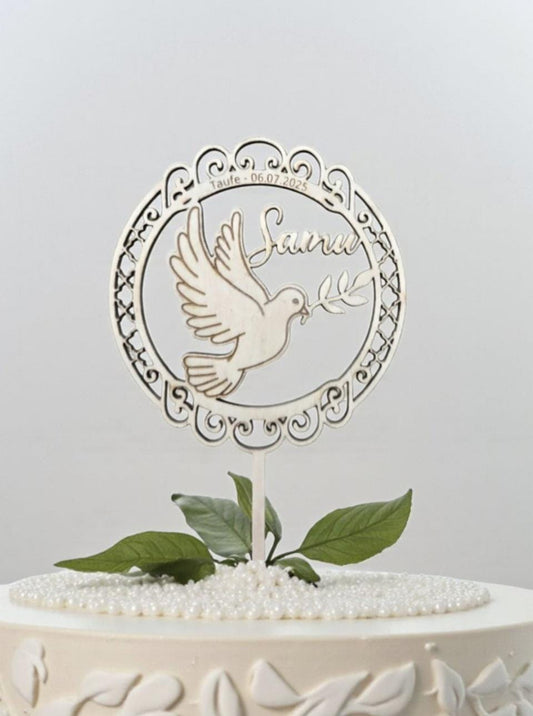 Taufe Cake Topper Vintage Rahmen mit Schnörkel und Taube, festlicher Kuchenstecker
