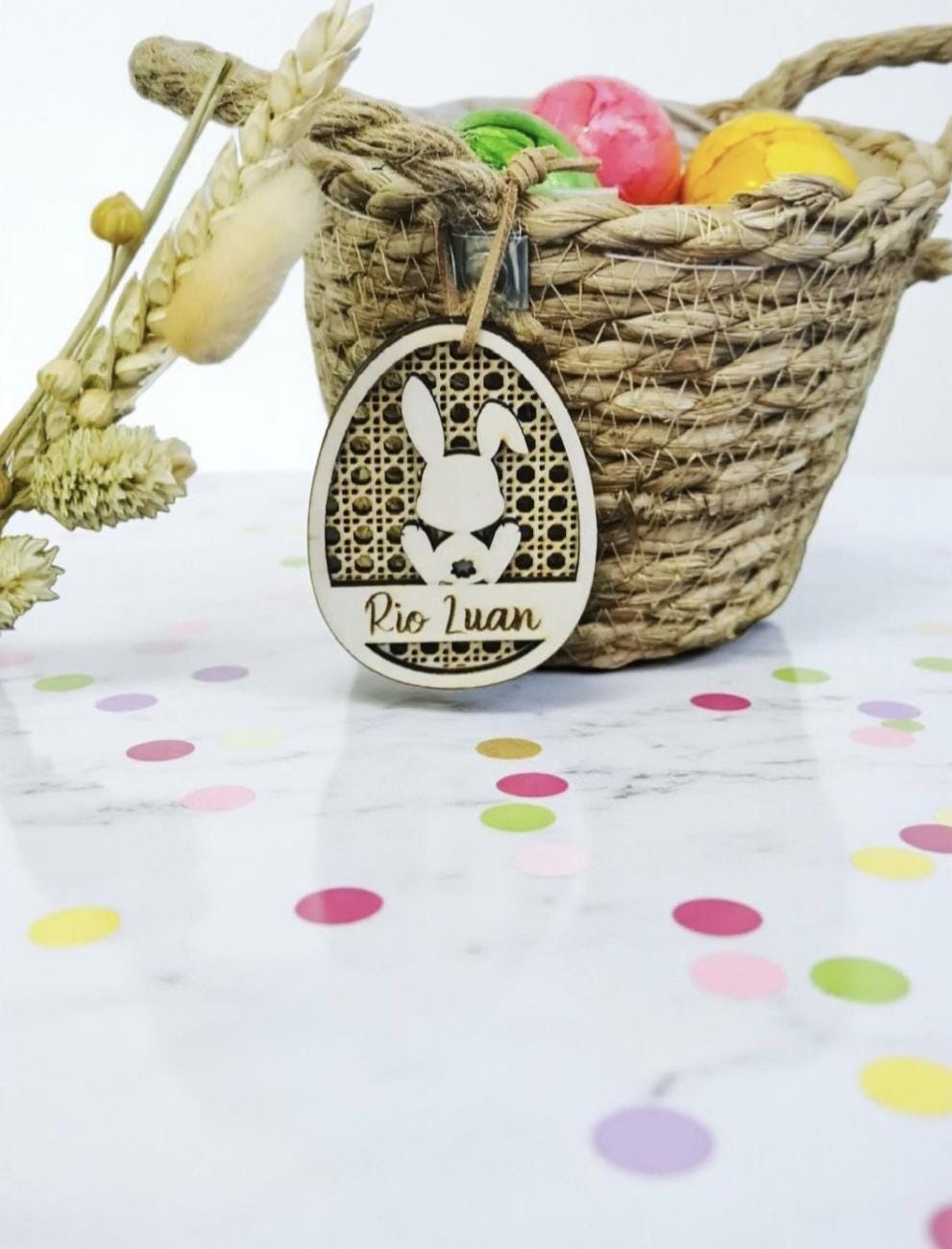 Anhänger Hasen Silhouette mit Rattan Stil, für den Osterkorb