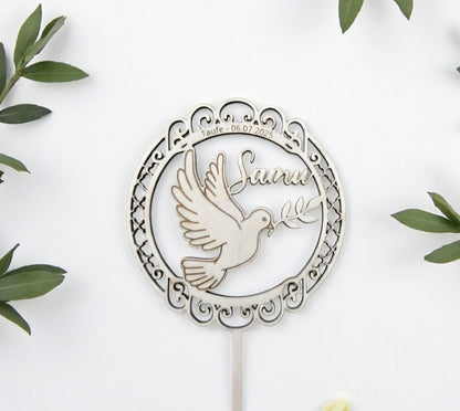 Taufe Cake Topper Vintage Rahmen mit Schnörkel und Taube, festlicher Kuchenstecker