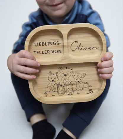 Kinderteller Waldtiere mit Besteck und Saugnapf, Esslernset aus Bambus Holz