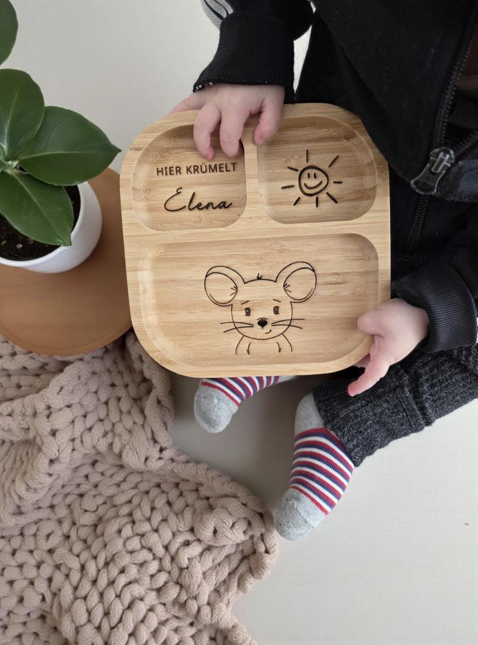 Kinderteller Maus, Bär, Löwe mit Besteck und Saugnapf, Bambus Holz Esslernset