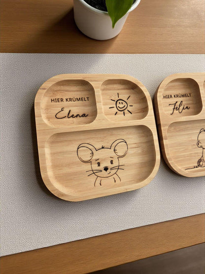 Kinderteller Maus, Bär, Löwe mit Besteck und Saugnapf, Bambus Holz Esslernset
