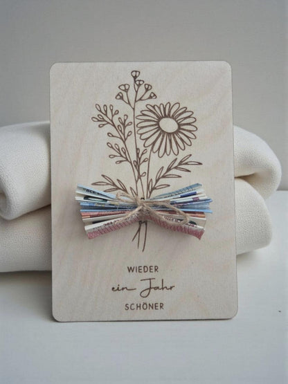 Postkarte aus Holz, Blumen Strauß, Geldgeschenk zu jedem Anlass