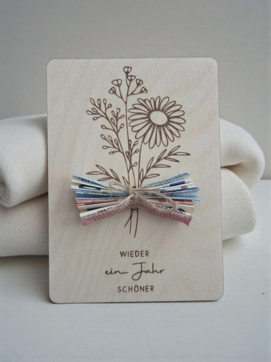 Postkarte aus Holz, Blumen Strauß, Geldgeschenk zu jedem Anlass