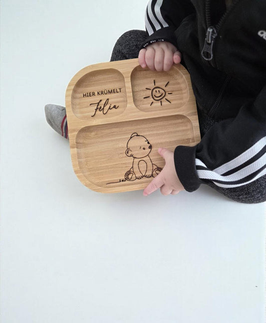 Kinderteller Maus, Bär, Löwe mit Besteck und Saugnapf, Bambus Holz Esslernset