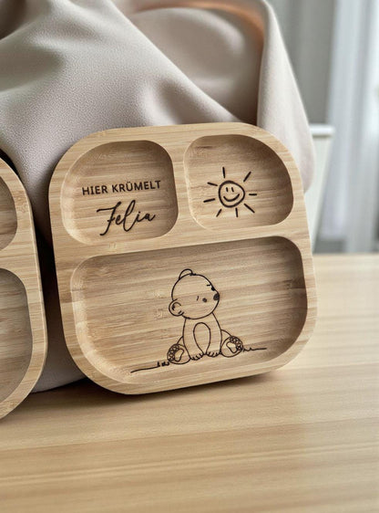 Kinderteller Maus, Bär, Löwe mit Besteck und Saugnapf, Bambus Holz Esslernset