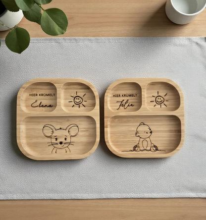 Kinderteller Maus, Bär, Löwe mit Besteck und Saugnapf, Bambus Holz Esslernset