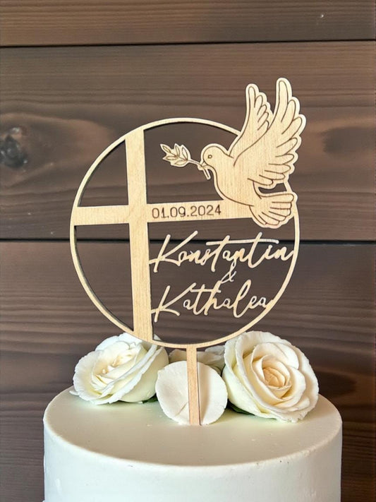 Taufe Cake Topper mit Taube und Kreuz, festlicher Tortenstecker