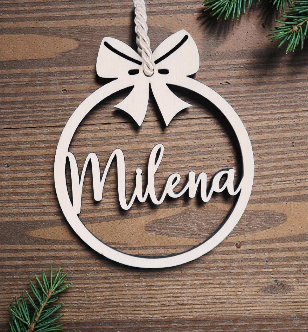 Weihnachtsanhänger Kugel mit Schleife, Holz Baumschmuck