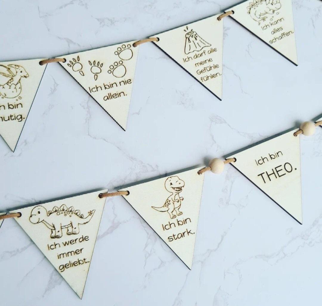 Affirmation Wimpelkette aus Holz, Girlande für Mädchen und Jungen, Dino, Einhorn & neutral
