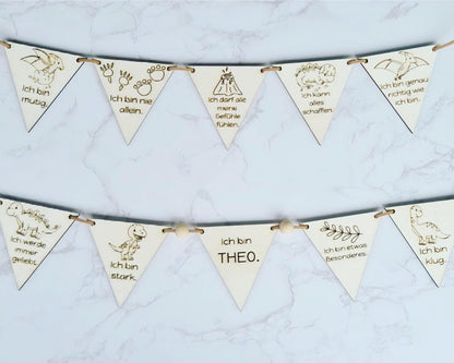Affirmation Wimpelkette aus Holz, Girlande für Mädchen und Jungen, Dino, Einhorn & neutral
