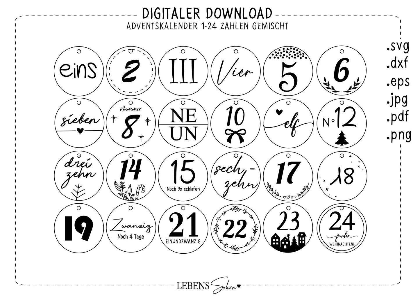 SVG, PNG & DXF Cut Files, Adventskalender 24 Zahlen, Laser- Plotterdatei Vorlage, digitaler Download inkl. Lizenz