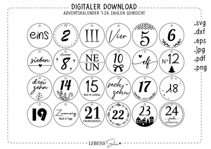 SVG, PNG & DXF Cut Files, Adventskalender 24 Zahlen, Laser- Plotterdatei Vorlage, digitaler Download inkl. Lizenz