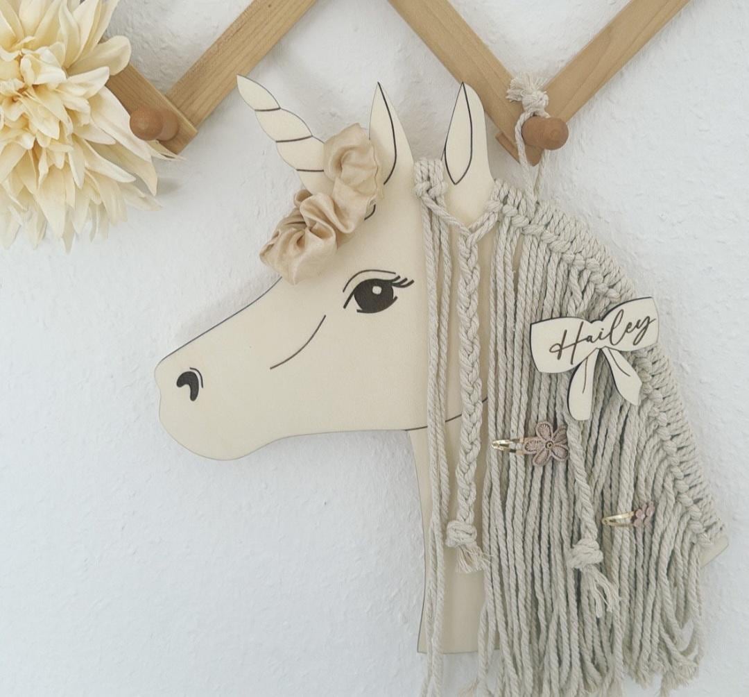 Pferd oder Einhorn Haarspangenhalter mit Makramee und Holz, Kinderzimmer Deko