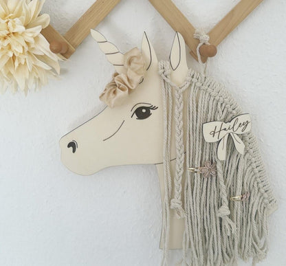 Pferd oder Einhorn Haarspangenhalter mit Makramee und Holz, Kinderzimmer Deko