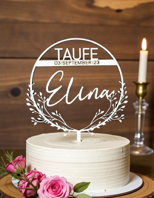 Taufe Cake Topper mit Kranz & Schleierkraut, Stecker für Torte oder Kuchen