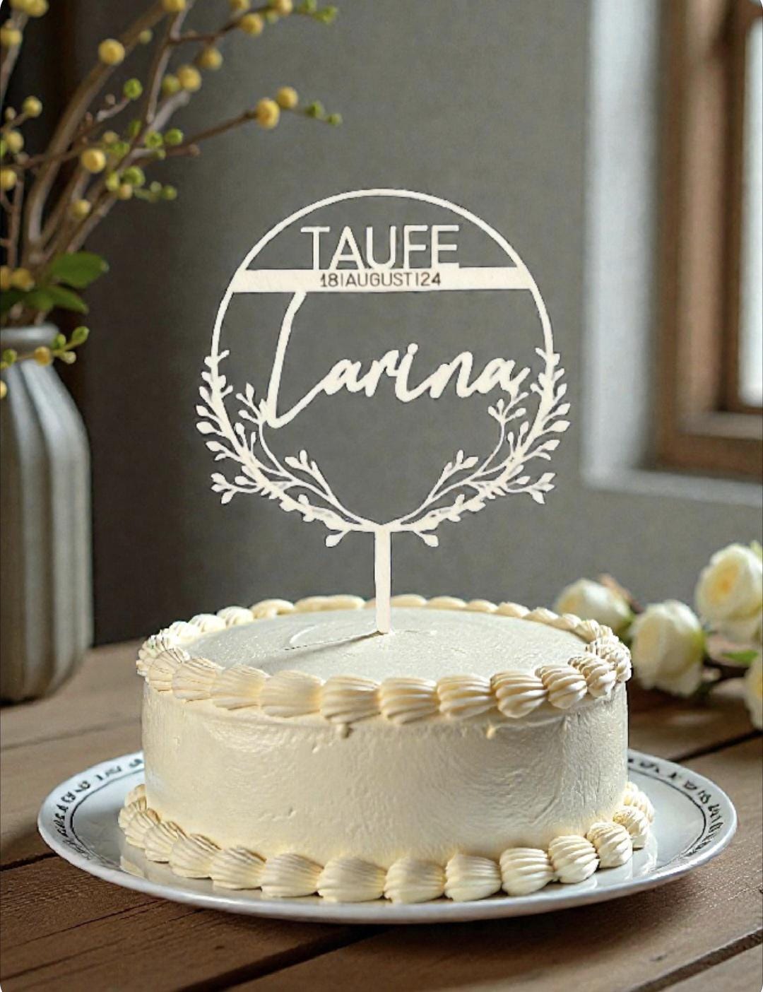 Taufe Cake Topper mit Kranz & Schleierkraut, Stecker für Torte oder Kuchen
