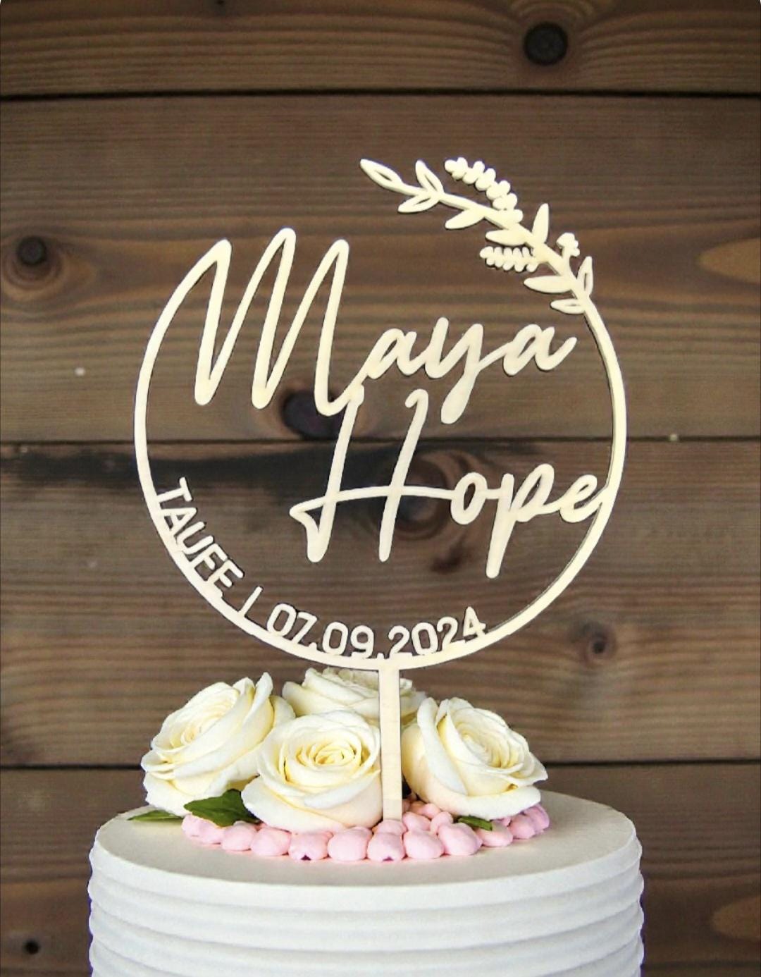 Cake Topper mit Name und Kranz, Datum und Anlass, für die Taufe