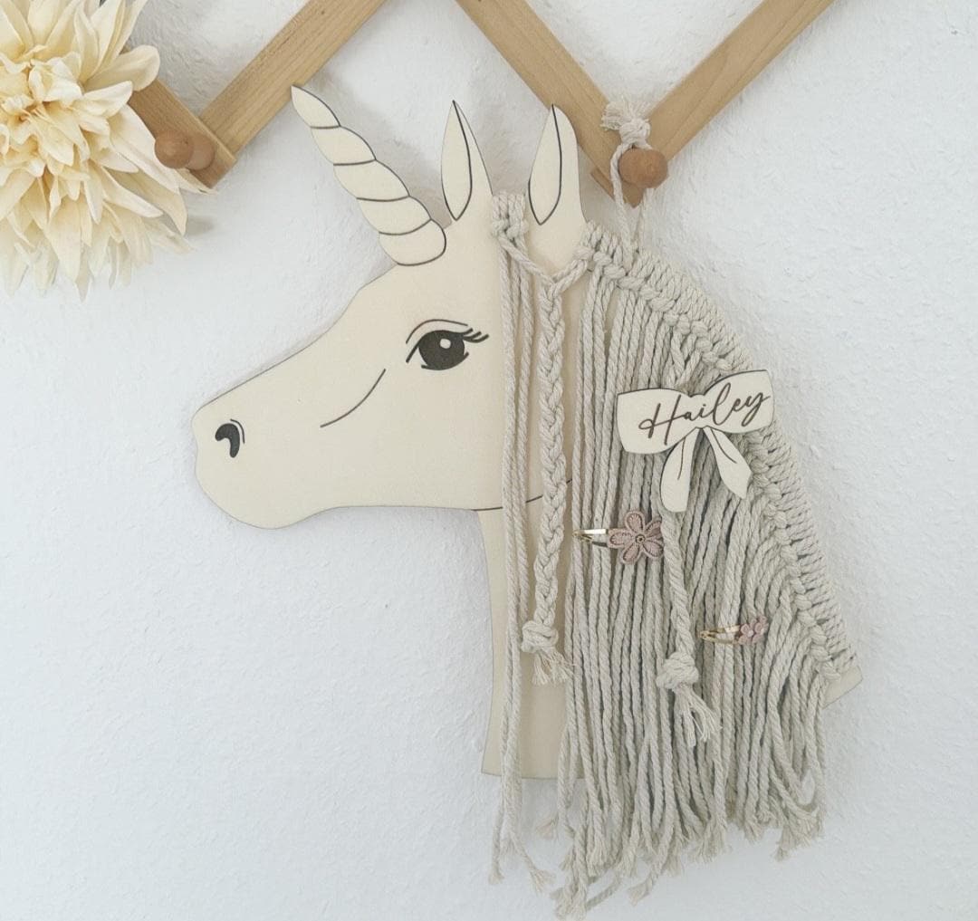 Pferd oder Einhorn Haarspangenhalter mit Makramee und Holz, Kinderzimmer Deko