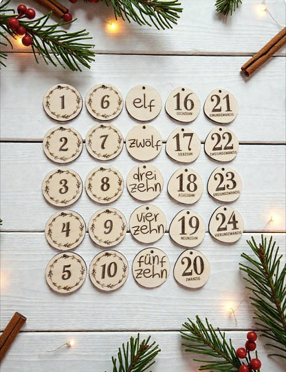 Adventskalender Holz Zahlen 1-24, DIY Weihnachten Anhänger Set