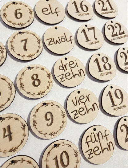 Adventskalender Holz Zahlen 1-24, DIY Weihnachten Anhänger Set