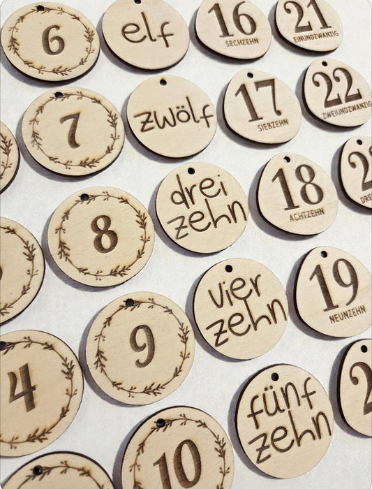 Adventskalender Holz Zahlen 1-24, DIY Weihnachten Anhänger Set