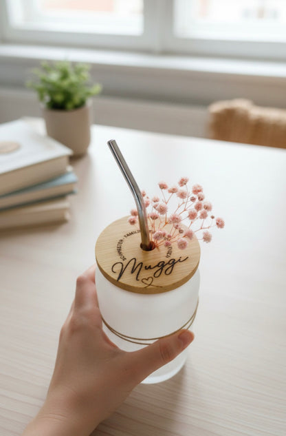 Trinkglas mit Bambusdeckel, Geschenk Freundin, Familie, Schwester, Bruder