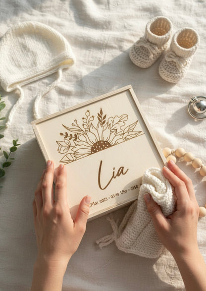 Erinnerungskiste Sonnenblume, Geschenk zur Geburt, Taufe, Hochzeit, Babyparty