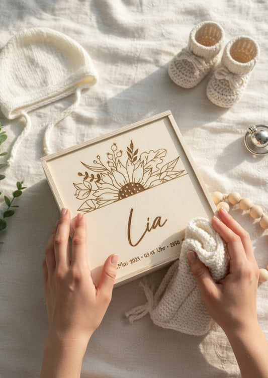 Erinnerungskiste Sonnenblume, Geschenk zur Geburt, Taufe, Hochzeit, Babyparty