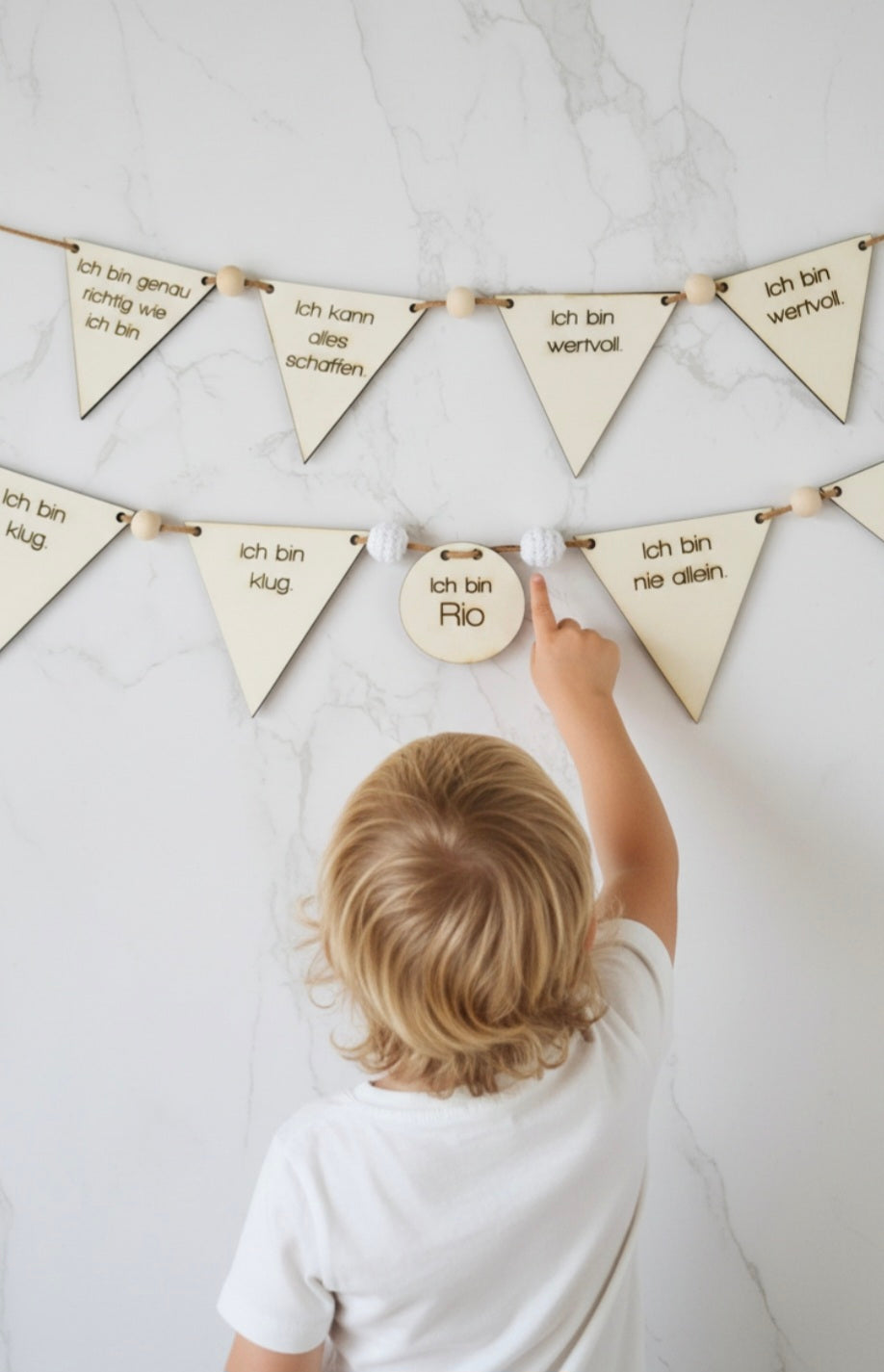 Affirmation Wimpelkette aus Holz, Girlande für Mädchen und Jungen, Dino, Einhorn & neutral