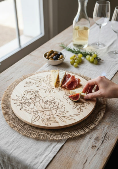 Drehbarer Holz Teller, Servierplatte mit Blumen, für Torte, Kuchen oder Wurst-/ Käseplatte