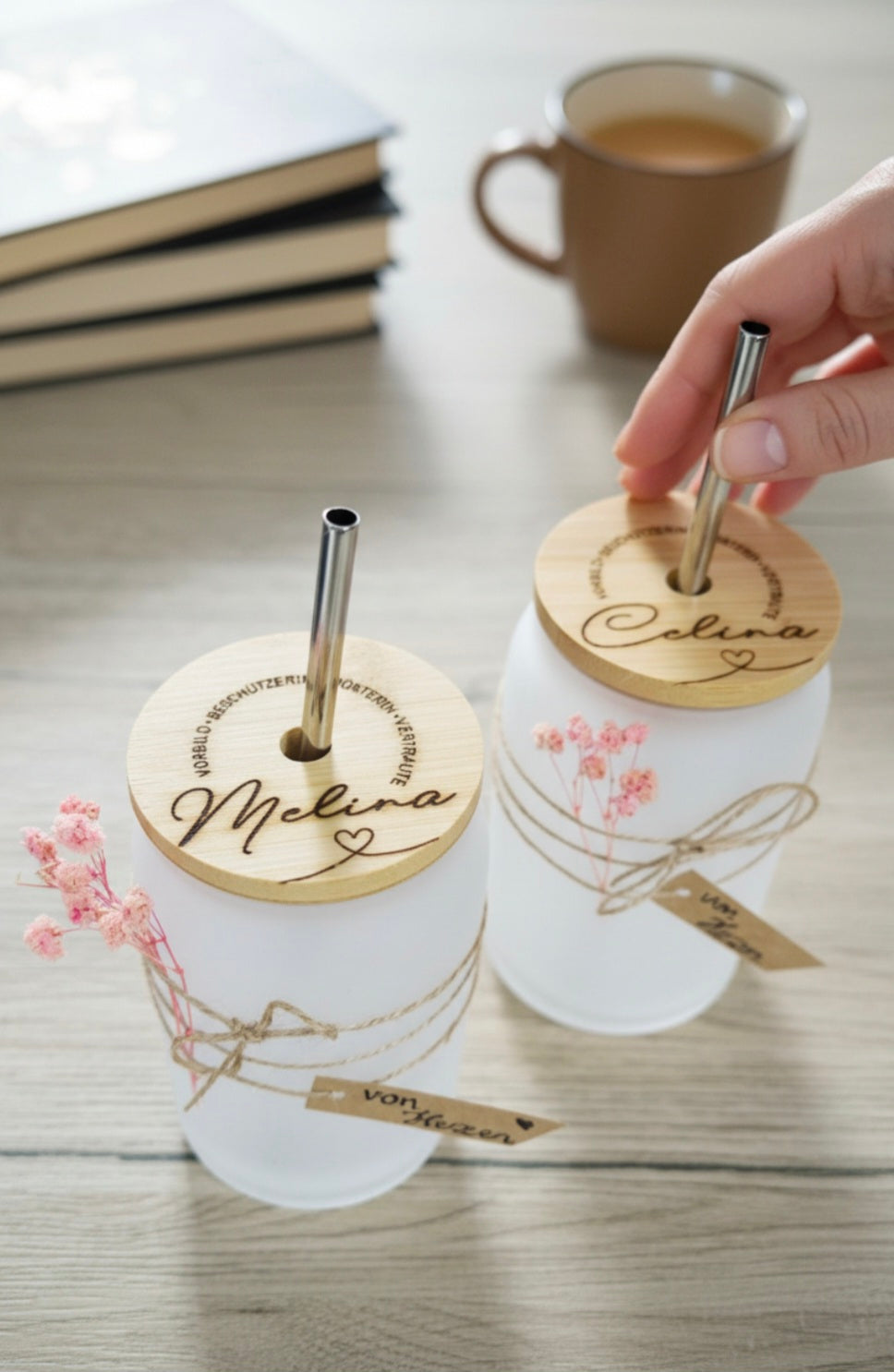 Trinkglas mit Bambusdeckel, Geschenk Abschied Erzieher, Hebamme, Tagesmutter, Lehrer