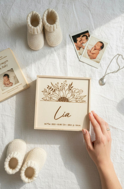Erinnerungskiste Sonnenblume, Geschenk zur Geburt, Taufe, Hochzeit, Babyparty