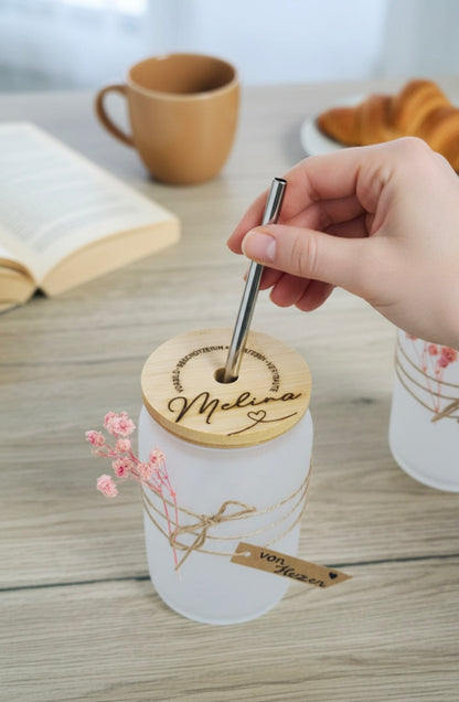 Trinkglas mit Bambusdeckel, Geschenk Abschied Erzieher, Hebamme, Tagesmutter, Lehrer