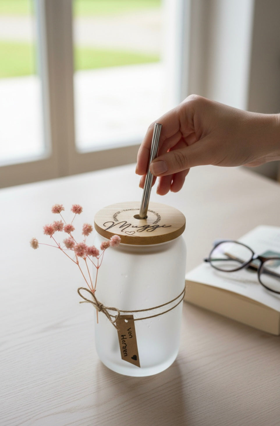 Trinkglas mit Bambusdeckel, Geschenk Freundin, Familie, Schwester, Bruder