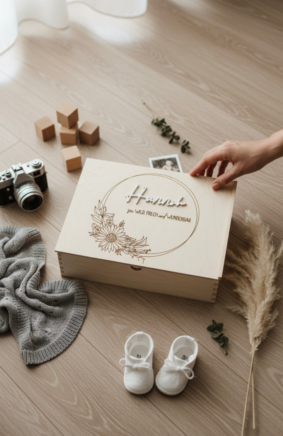 Erinnerungskiste Sonnenblumen Kranz, Geschenkidee zur Geburt, Taufe, Hochzeit, Babyparty