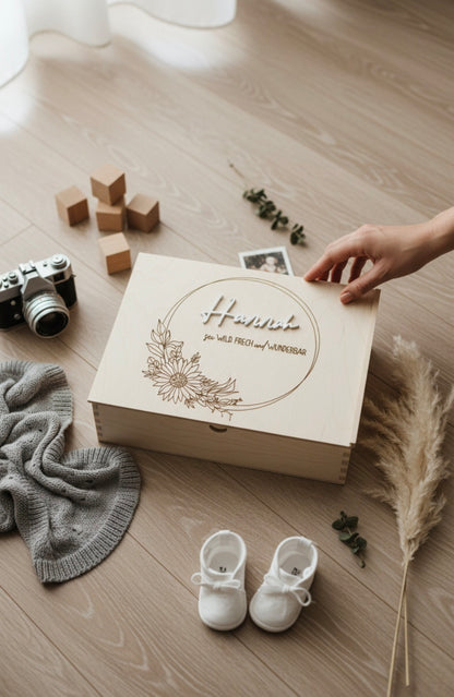 Erinnerungskiste Sonnenblumen Kranz, Geschenkidee zur Geburt, Taufe, Hochzeit, Babyparty